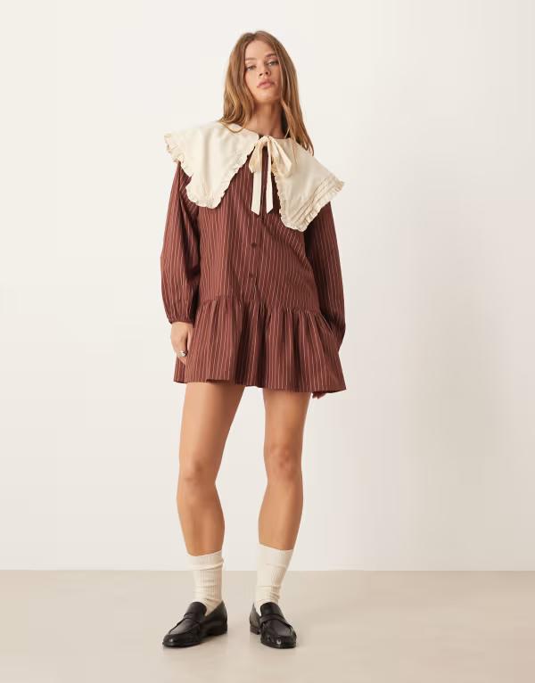 ネオンサクラ色 レディース トップス 衣装 ミニ Neon Rose oversized collar pinstripe mini smock dress and buttercream BROWN 赤銅色 ワンピース-レディースファッション