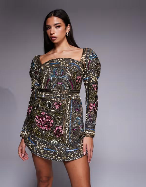 エイソス レディース トップス ワンピース ミニワンピース ミニ ASOS DESIGN embellished domed sleeve curved high neckline mini dress in multi Multi マルチカラー