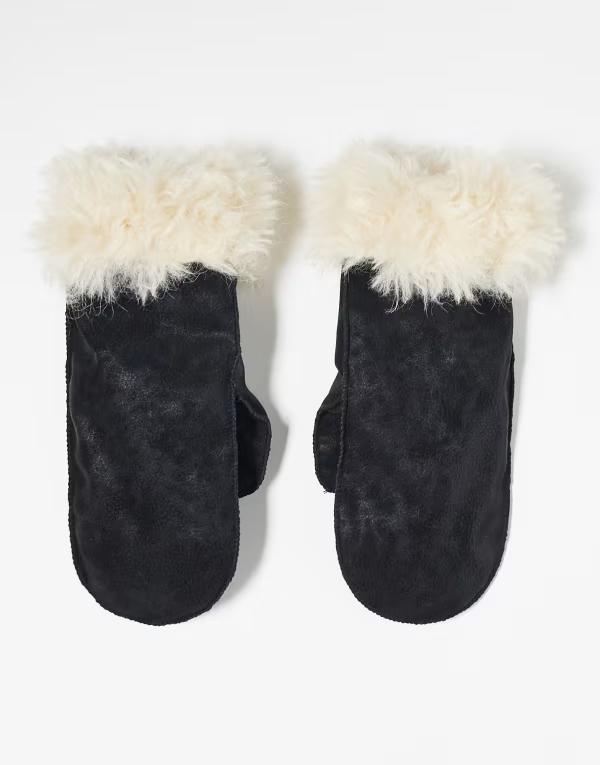 ウィークデイ レディース アクセサリー 手袋 スエード Weekday faux shearling mittens suede with white fur Black ブラック