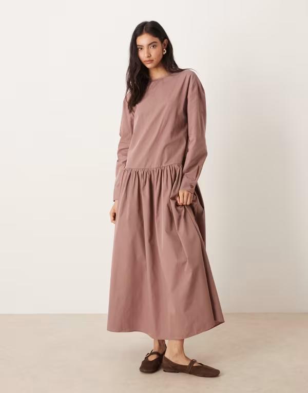 エイソス レディース トップス ワンピース コットン マキシ ASOS DESIGN cotton poplin dropped waist maxi smock dress in deep taupe Deep taupe トープ