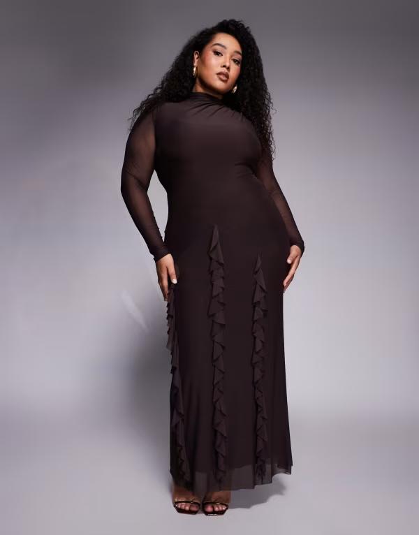 エイソス レディース トップス ワンピース マキシワンピース フリル メッシュ スカート マキシ ASOS Curve ASOS DESIGN Curve mesh long sleeve maxi dress with waterfall ruffle skirt detail in chocolate Brown ブラウン