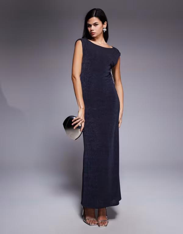 エイソス レディース トップス ワンピース ハイネック マキシワンピース マキシ ASOS DESIGN highneck cowl back detail maxi dress in slinky CHARCOAL チャコール