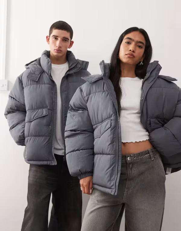 コルージョン レディース アウター コート ジャケット COLLUSION Unisex puffer jacket with hood Gray グレー