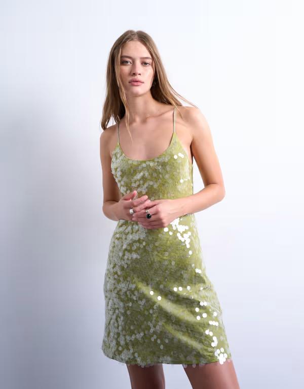 トップショップ レディース トップス ワンピース ミニ スパンコール Topshop scoop neck mini sequin dress in avocado Avocado