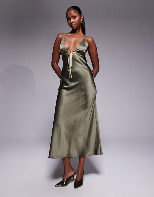 エイソス レディース トップス 衣装 五分五分箇条 midi衣装 midi 繻子 対比 ASOS DESIGN satin bias cut cami MIDI dress with contrast tie detail インチ olive GREEN 緑であること ワンピース-レディースファッション