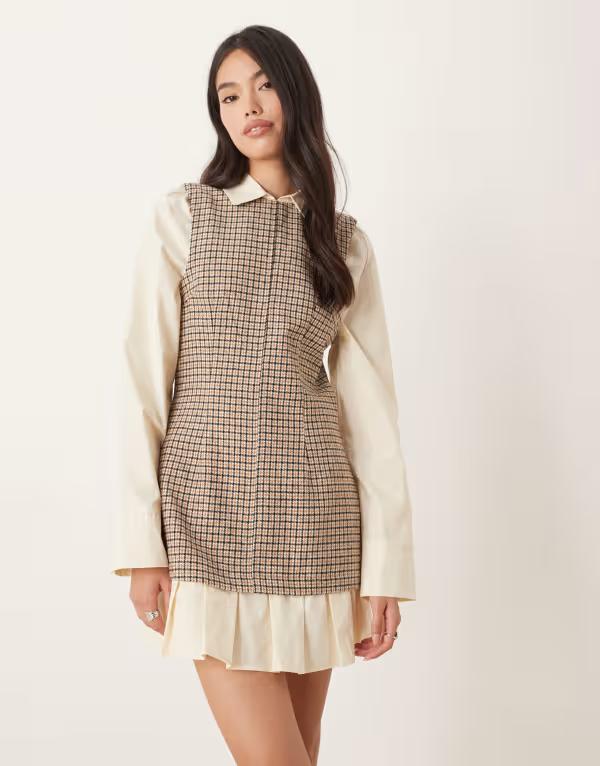 エイソス レディース トップス ワンピース ミニワンピース ミニ シャツ ASOS DESIGN shirt hybrid mini dress with peplum hem in tan plaid Tan check タン