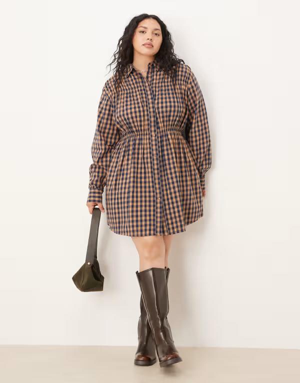 エイソス レディース トップス ワンピース ウエストマーク ミニワンピース ミニ シャツ ASOS Curve ASOS DESIGN Curve shirt mini dress with cinched waist in tan plaid Tan check タン