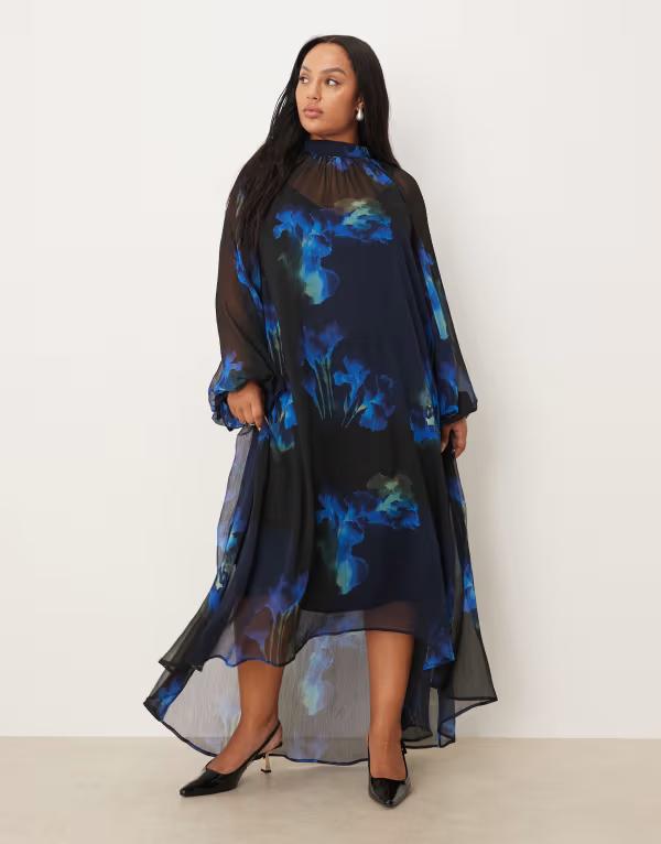エイソス レディース トップス 衣装 御花柄 マキシ 御花 ASOS Curve ASOS DESIGN Curve tie neck maxi smock dress with high low hem floral Blue floral 青み