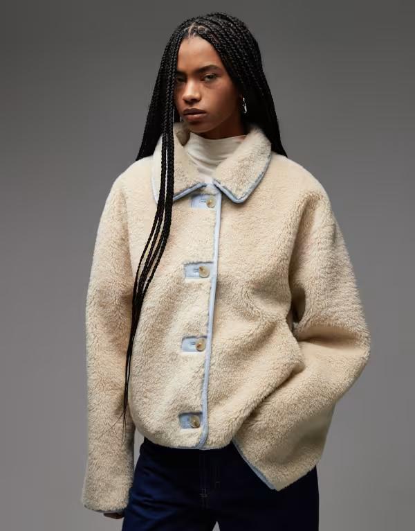 コルージョン レディース アウター 厚地の外套 スエードクロス 対照 上衣 COLLUSION faux shearling jacket with contrast suedette collar cream 皮膚軟化剤
