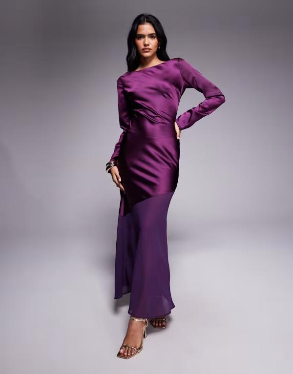 レア レディース トップス ワンピース マキシワンピース シアー サテン マキシ Rare London exclusive satin long sleeve sheer hem maxi dress PURPLE パープル