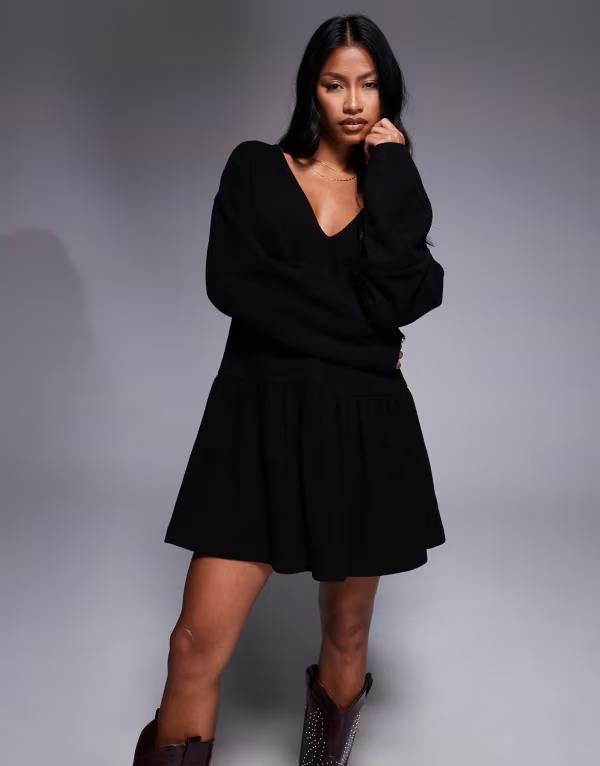 エイソス レディース トップス ワンピース ミニワンピース ミニ ASOS DESIGN super soft V-front dropped waist mini dress Black ブラック