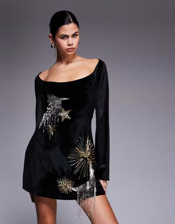 エイソス レディース トップス 衣装 A 伝達ルート ミニ衣装 ミニ 天鵞絨 スコート ASOS DESIGN super scoop neck long sleeve mini dress with a-line skirt and celestial embellishments インチ bonded velvet Black 黒いこと