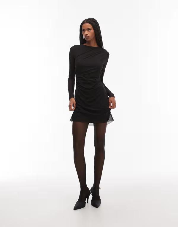 アンドアザーストーリーズ レディース トップス ワンピース ドレープ ミニ メッシュ & Other Stories long sleeve mini mesh dress with drape detail Black ブラック