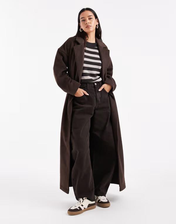 オブジェクト レディース アウター コート ウール マキシ Object premium wool blend formal maxi coat in chocolate Seal brown ブラウン