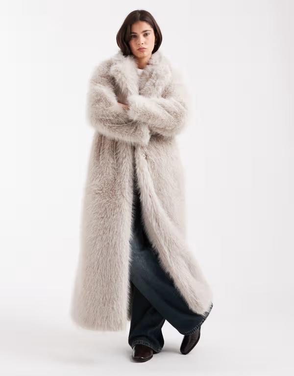 オブジェクト レディース アウター コート マキシ Object premium faux fur maxi coat in cream White Sand ホワイト