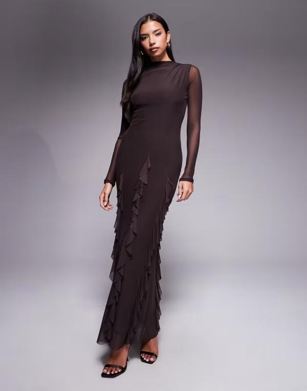 エイソス レディース トップス ワンピース マキシワンピース フリル メッシュ スカート マキシ ASOS DESIGN mesh long sleeve maxi dress with waterfall ruffle skirt detail in chocolate Brown ブラウン