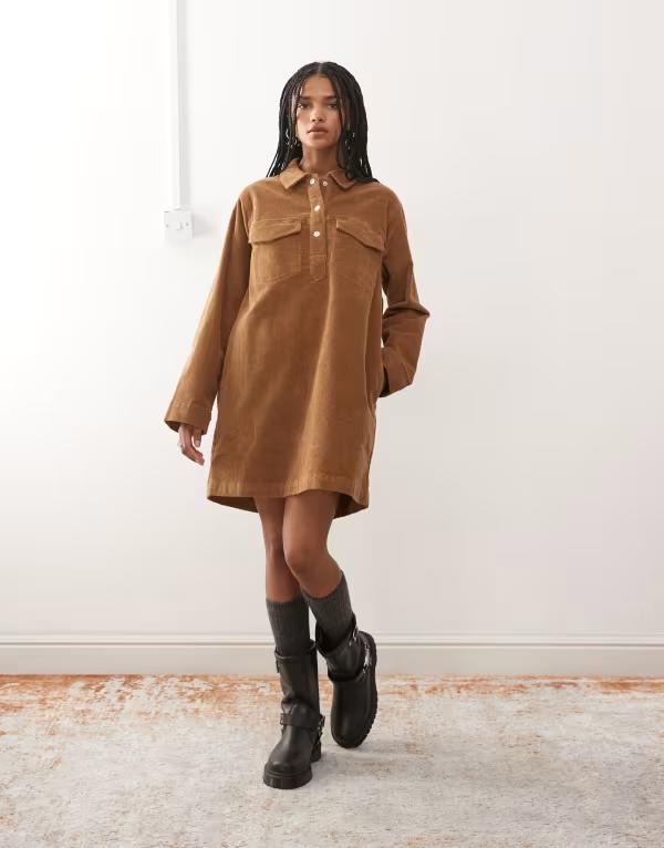 ノイジーメイ レディース トップス ワンピース コーデュロイ ミニワンピース ミニ Noisy May corduroy mini dress in warm Toasted coconut ブラウン｜ReVida 店
