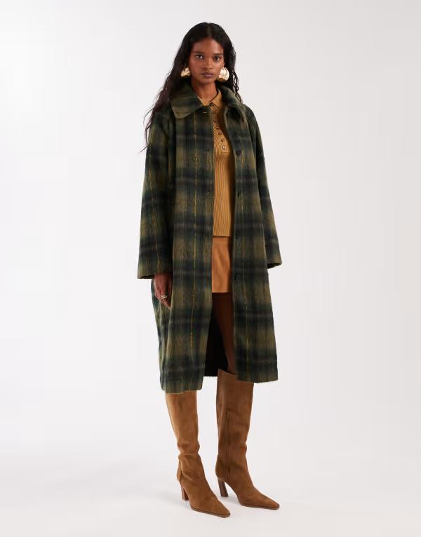 ノイジーメイ レディース アウター 厚地の外套 羊毛 マキシ Noisy May brushed wool look maxi overcoat インチ dark green plaid Kalamata 緑であること
