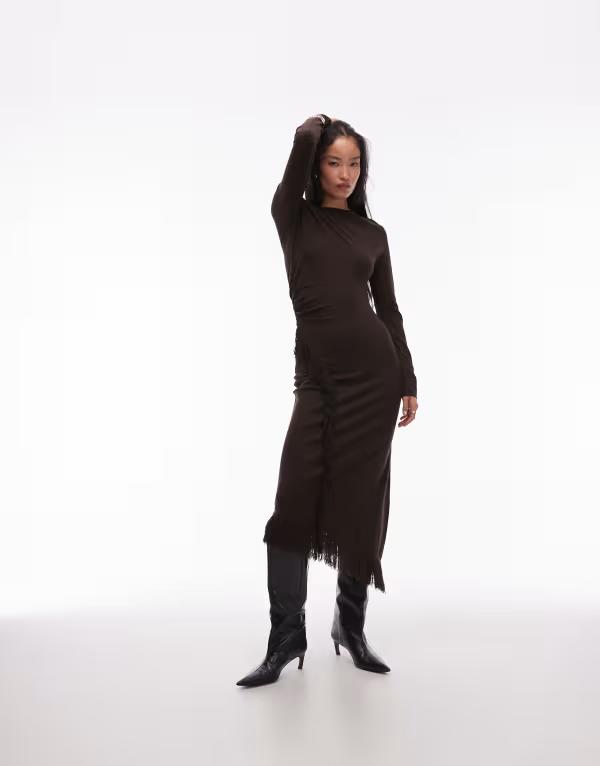 アンドアザーストーリーズ レディース トップス ワンピース アシンメトリー フリンジ & Other Stories midaxi dress with fringe wrap asymmetric hem in dark Dark brown ブラウン
