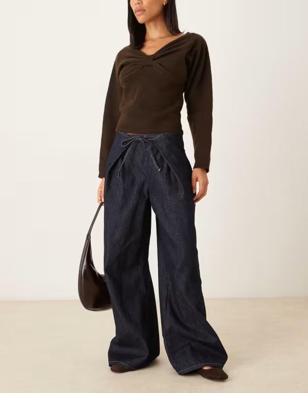 エイソス レディース ボトムス デニムパンツ ジーンズ ASOS DESIGN fold-over jeans with tie waist in indigo INDIGO インディゴ