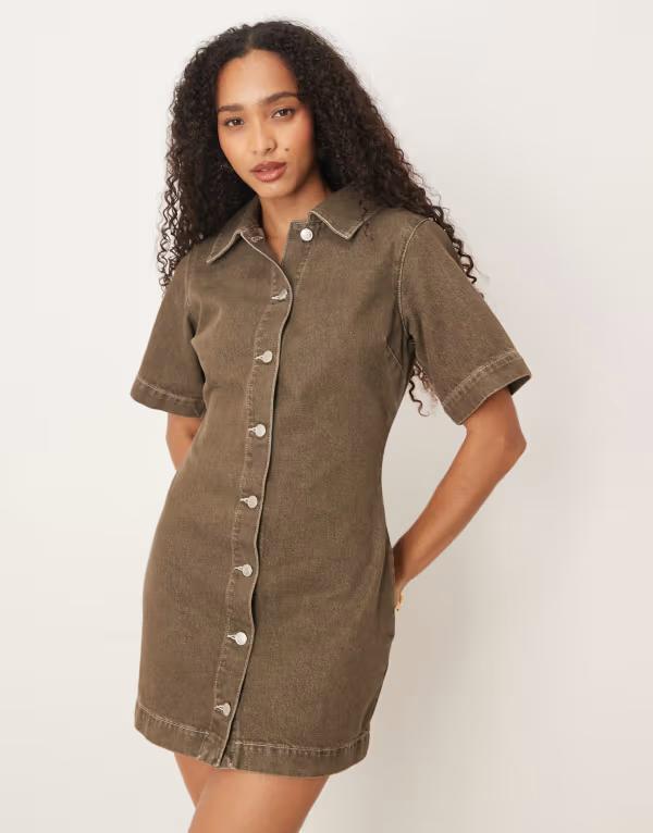 エイソス レディース トップス ワンピース シャツワンピース シャツ デニム  DESIGN fitted denim shirt dress in olive OLIVE GREEN グリーン