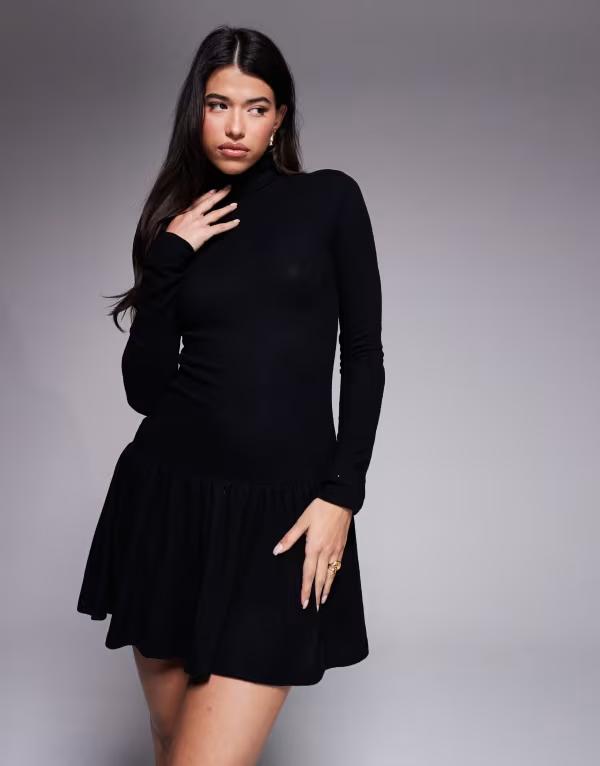 エイソス レディース トップス 衣装 タートルネック ミニ衣装 ミニ ASOS DESIGN supersoft turtle neck mini dress Black 黒いこと ワンピース-レディースファッション