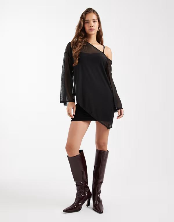 エイソス レディース トップス 衣装 ケープ図案化 ミニ衣装 ミニ オーバーレイ 鳥打ち帽 ケープ ASOS DESIGN cape overlay mini dress Black 黒いこと ワンピース-レディースファッション