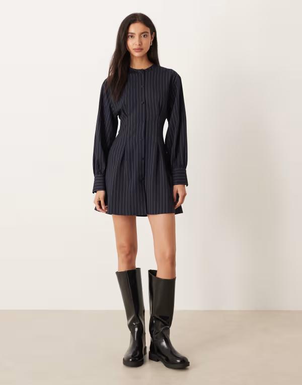 エイソス レディース トップス ワンピース シャツワンピース シャツ ASOS DESIGN collarless cinched shirt dress and white stripes Black & White Stripe ホワイト