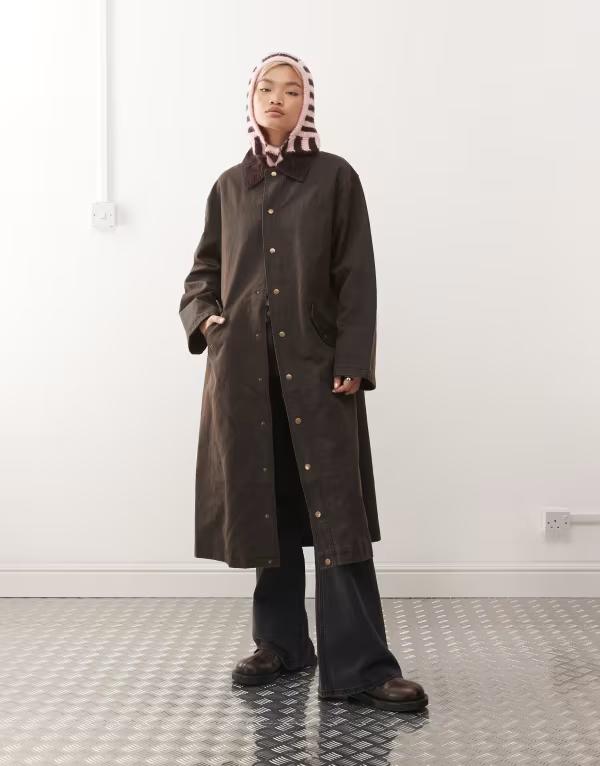 リクレイム ヴィンテージ レディース アウター 厚地の外套 Reclaimed Vintage waxed longline trench coat with cord collar インチ dark chocolate Brown 赤銅色