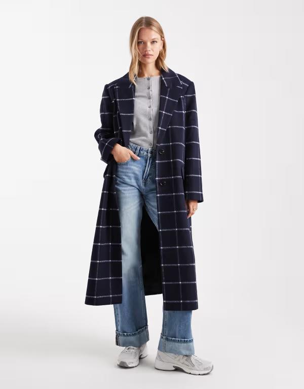 エイソス レディース アウター 厚地の外套 ASOS DESIGN longline formal coat check Navy check 米国海軍