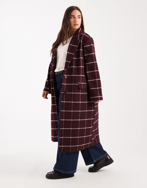 エイソス レディース アウター 上衣・上衣 厚地の外套 ASOS Curve ASOS DESIGN Curve longline formal coat plaid Burgundy check バーガンディ