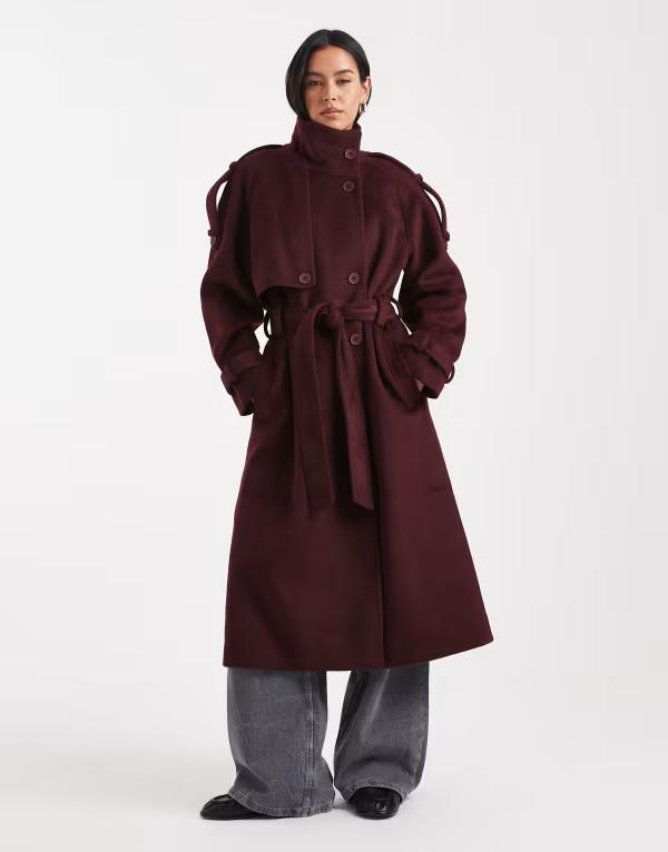 エイソス レディース アウター 上衣・上衣 照明ランプ素っ首 厚地の外套 ASOS DESIGN formal longline funnel neck trench coat Burgundy バーガンディ