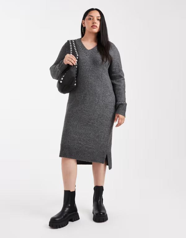 オンリーカーブ レディース トップス ワンピース ミディワンピース ミディ ニット ONLY Curve knit midi dress with stud detail Gray グレー
