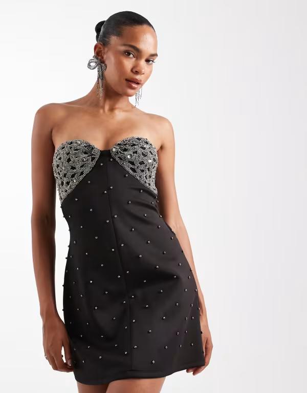 エイソス レディース トップス 衣装 ミニ衣装 ミニ ASOS DESIGN embellished bandeau studded mini dress Black 黒いこと