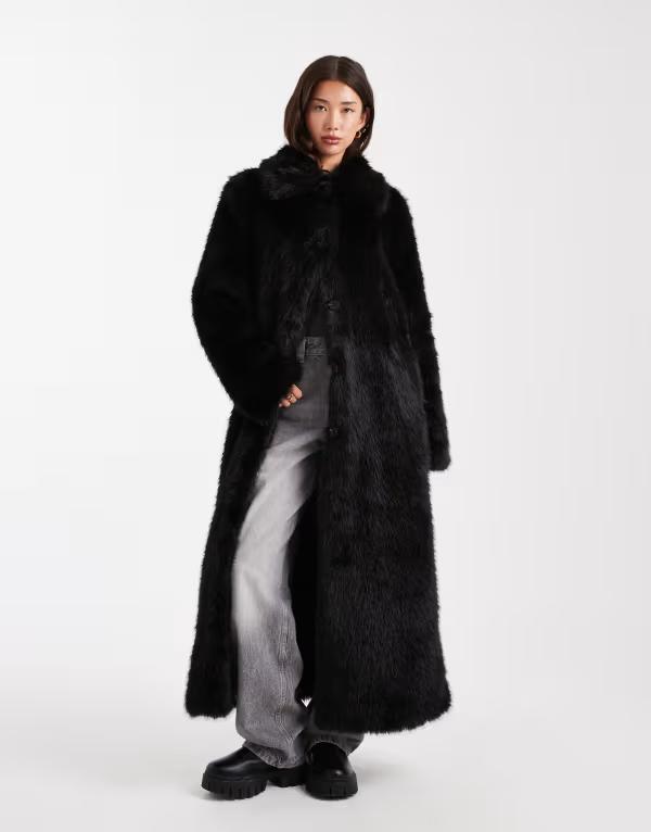 エイソス レディース アウター 厚地の外套 ASOS DESIGN longline tipped faux fur car coat Black 黒いこと