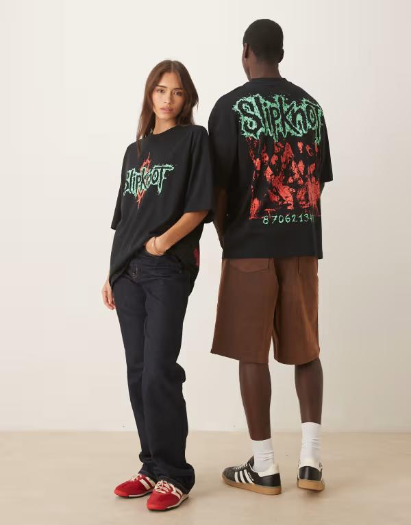 エイソス レディース トップス シャツ プリント Tシャツ ASOS DESIGN Unisex oversized t-shirt with Slipknot prints Black ブラック