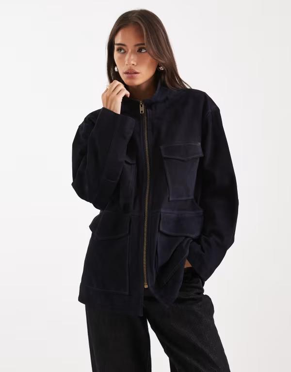エイソス レディース アウター 上衣・上衣 スエードクロス 上衣 ASOS DESIGN real suede jacket Navy 米国海軍 コート・ジャケット-レディースファッション