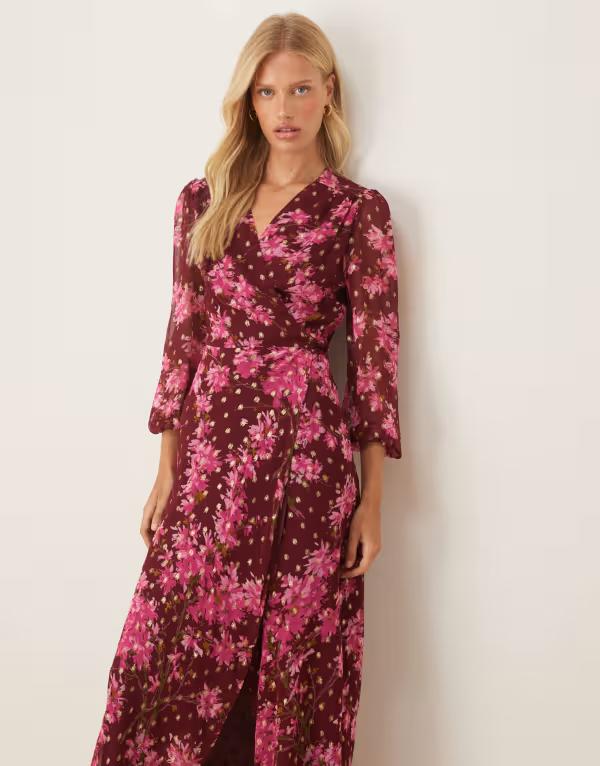 頼み所＆アイビー レディース トップス 衣装 マキシ衣装 御花柄 マキシ 御花 Hope \u0026 Ivy wrap front maxi dress and pink floral Burgundy/pink バーガンディ