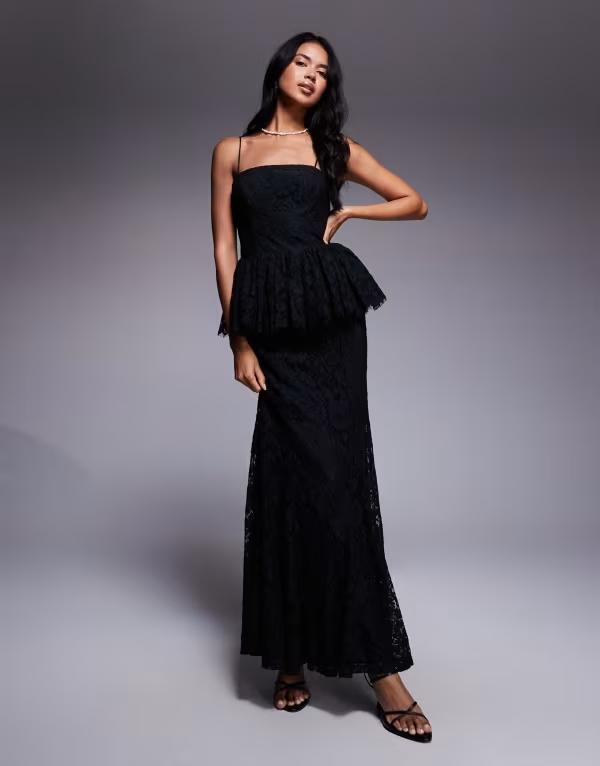 エイソス レディース トップス ワンピース マキシワンピース レース マキシ ASOS DESIGN structured lace maxi dress with volume godet bodice Black ブラック