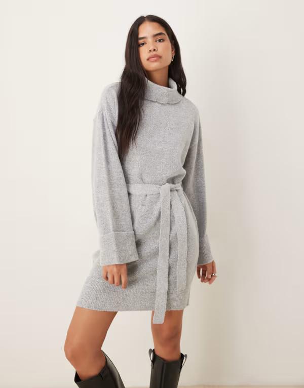 ヴィラ レディース トップス ワンピース ハイネック ミニワンピース ミニ ニット VILA tie waist high neck knit mini dress in light gray melange Light Gray Melange グレー