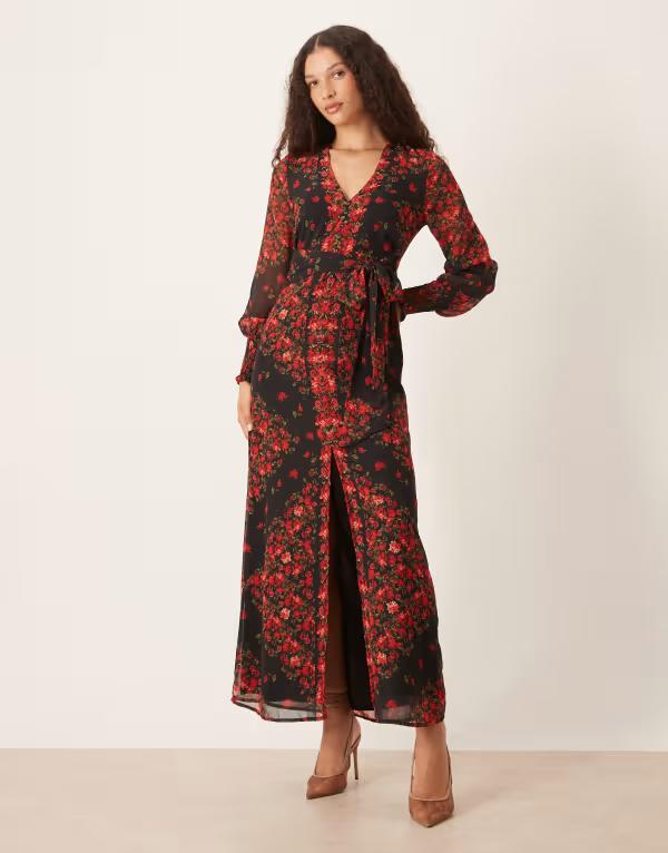 ホープ＆アイビー レディース トップス ワンピース Vネック マキシワンピース フラワー柄 マキシ フラワー Hope & Ivy v-neck button front maxi dress and red floral Black and Red ブラック