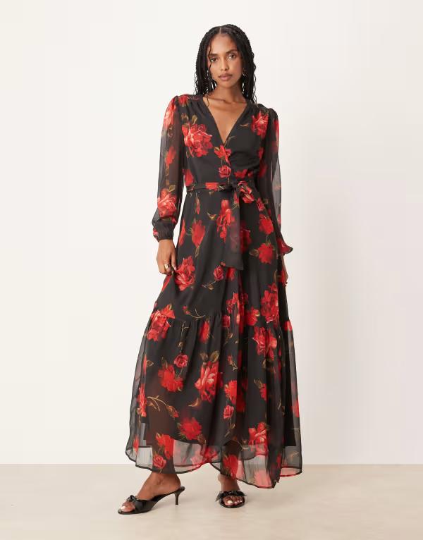 頼み所＆アイビー レディース トップス 衣装 マキシ衣装 お花柄 マキシ お花 Hope \u0026 Ivy wrap front maxi dress and red floral Black and Red 黒いこと レディースファッション-ワンピース