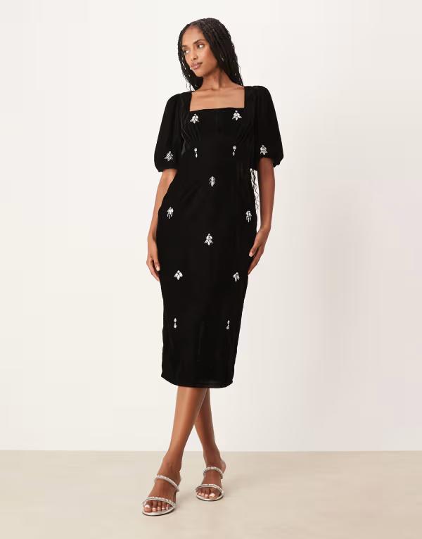 ホープ＆アイビー レディース トップス ワンピース ミディワンピース ミディ ベルベット Hope & Ivy square neck embellished velvet midi dress Black ブラック