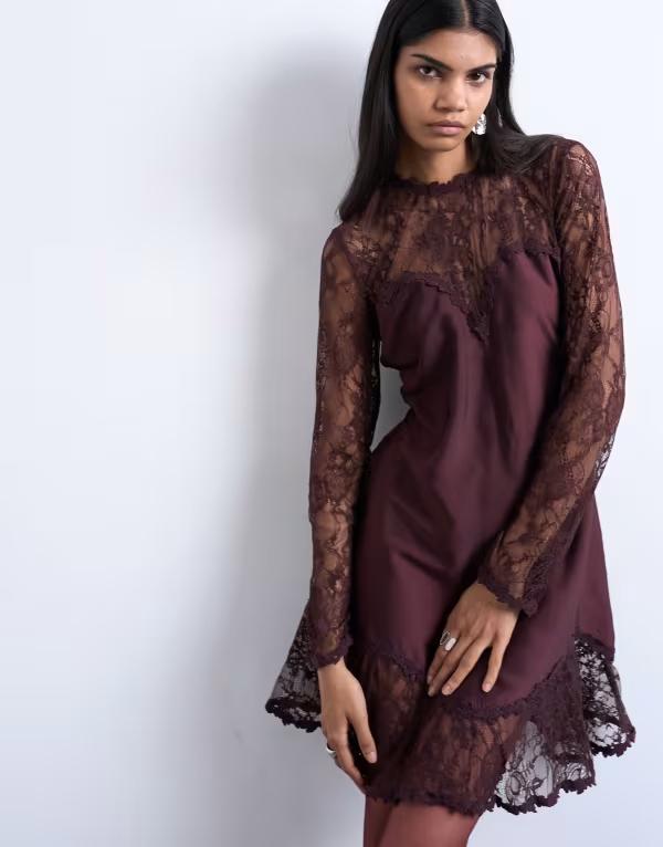 トップショップ レディース トップス ワンピース ミニワンピース ミニ レース Topshop lace sleeves flippy hem mini dress in port royale Port royale