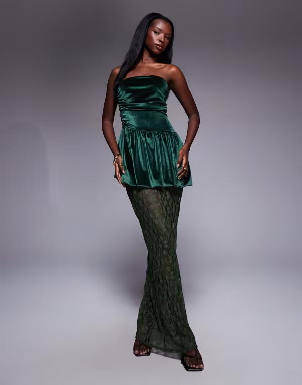 エイソス レディース トップス ワンピース ミディワンピース ミディ ベルベット スカート レース ASOS DESIGN velvet bandeau peplum midi dress with lace skirt green グリーン