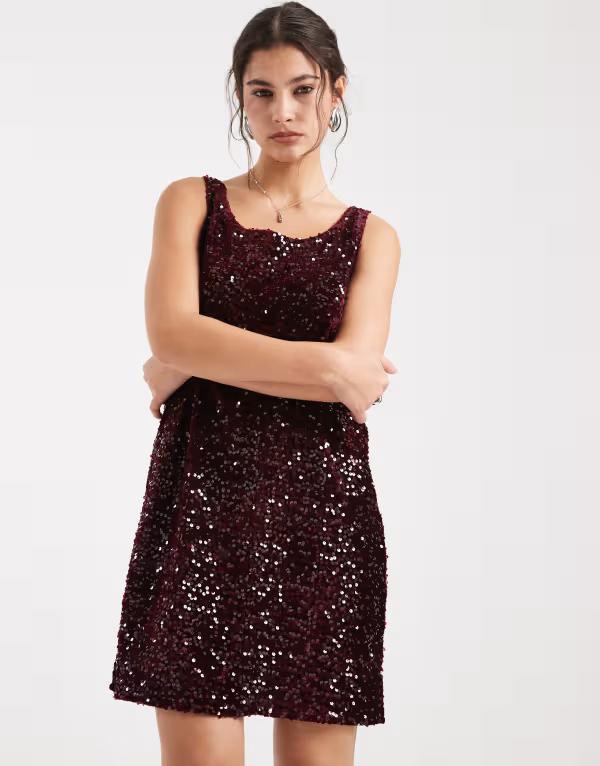 ピーシーズ レディース トップス ワンピース ミニ スパンコール Pieces reversible slash neck sequin mini shift dress Tawny port バーガンディ