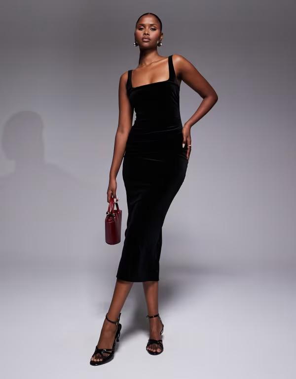 エイソス レディース トップス 衣装 midi衣装 midi 天鵞絨 ASOS DESIGN velvet curved neckline MIDI dress with split Black 黒いこと