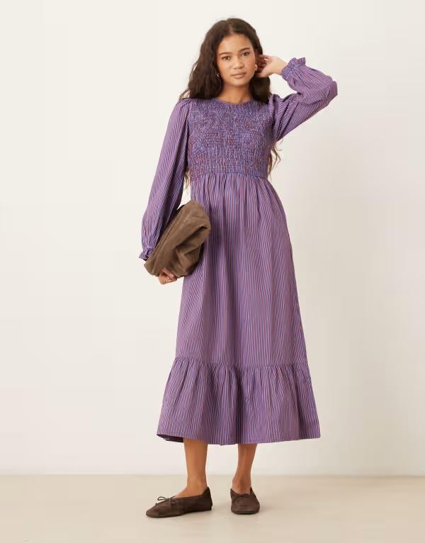 ネオンローズ レディース トップス ワンピース Neon Rose shirred detailed long sleeve midaxi dress in multi stripe Multi マルチカラー