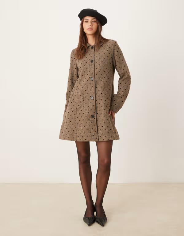 モーテル レディース アウター コート ドット柄 ドット Motel Lirena longline polka dot coat BROWN ブラウン