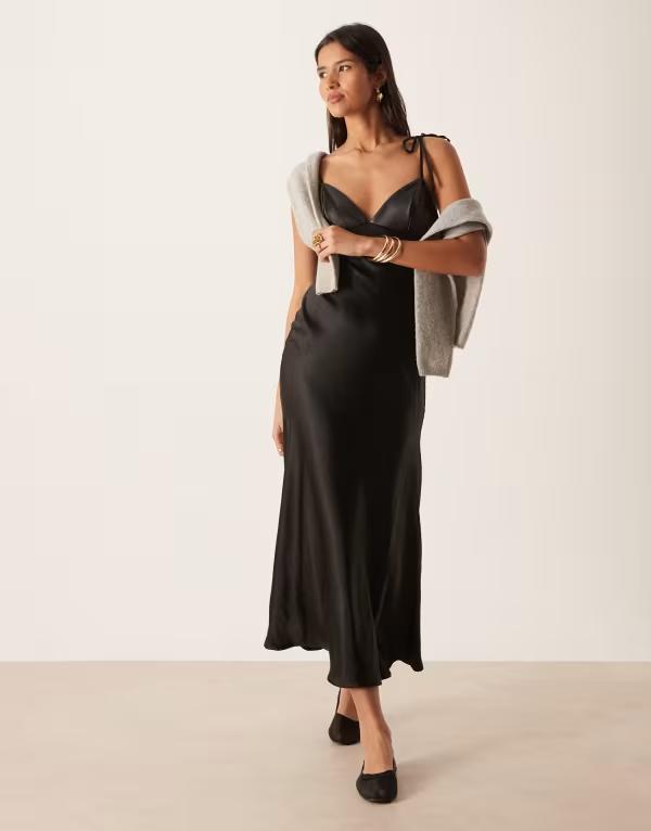 エイソス レディース トップス ワンピース ミディワンピース ミディ サテン ASOS DESIGN hybrid satin cami slip midi dress with pu bust Black ブラック